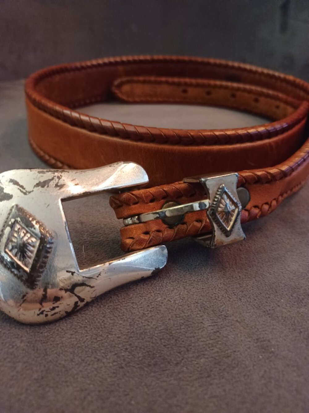 Vintage The Territory Ahead Womens Brown Leather Belt Silver Buckle Size 28